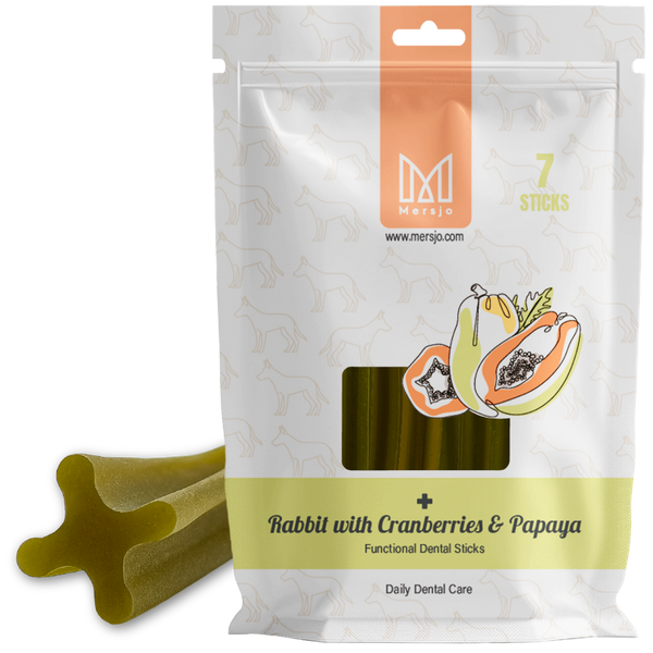 Przekąska stomatologiczna dla psów Mersjo Dental Sticks - królik z papają i żurawiną (28 sticków)